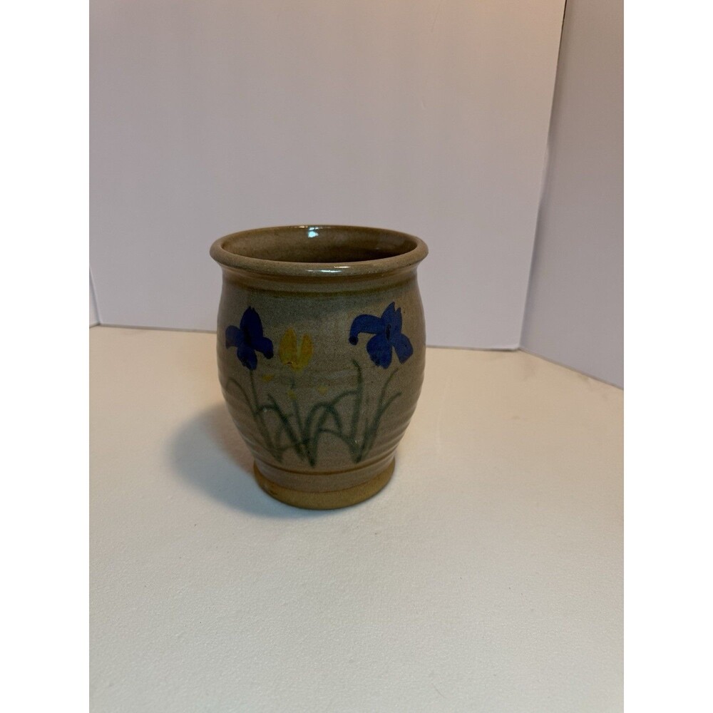 Studio art pottery pot. Vintage rustic brown with blue flowers